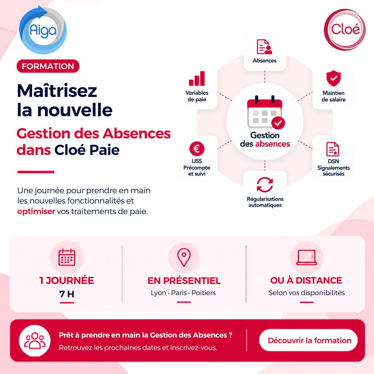Formation AIGA à la nouvelle Gestion des Absences dans Cloé Paie : absences, IJSS, maintien de salaire, DSN et régularisations